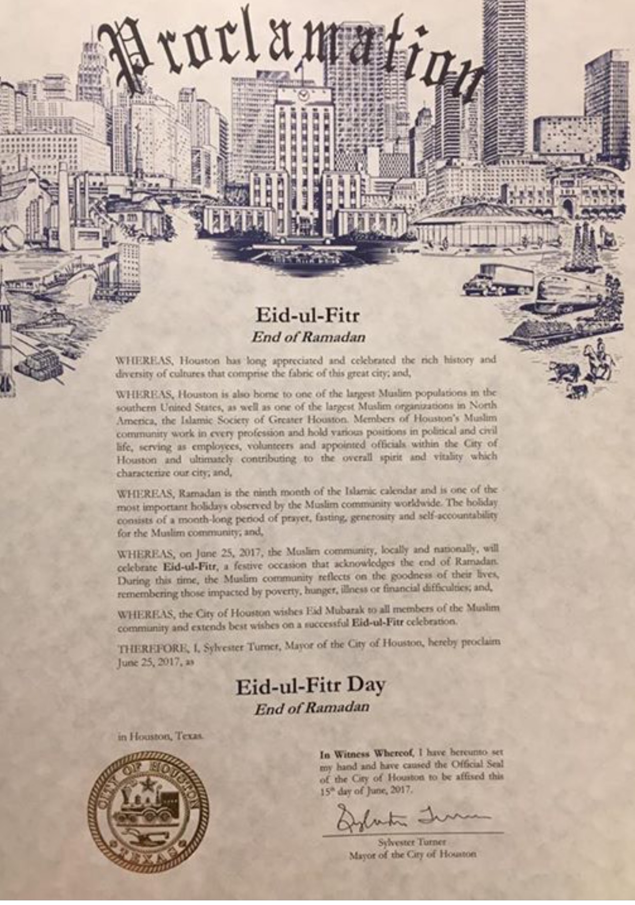 Mayor Sylvester Turner proclaims June 25th, 2017 as Eid-ul 